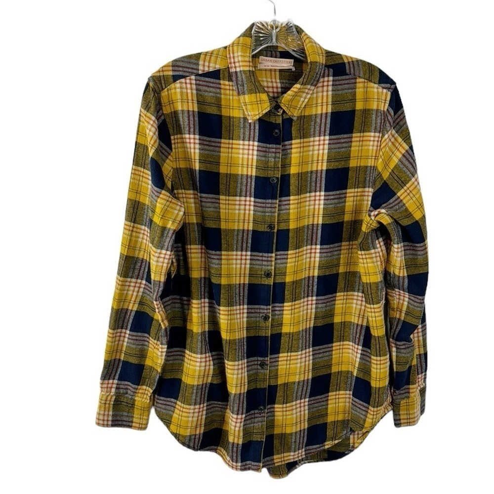 Urban Outfitters Flannel Shirt Women's M Mustard Navy Plaid 100% Cotton EUC